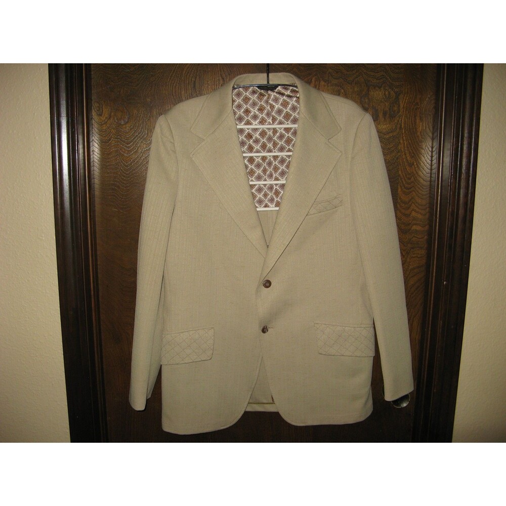 Vintage Lee Wald Blazer Mens 36 Beige Tweed Poly Jacket 60s 70s Disco